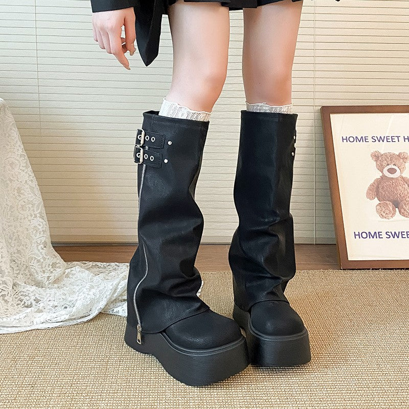Women's Bottom Increased Autumn Muffin Pleated Pile Pants Pipe Small Boots