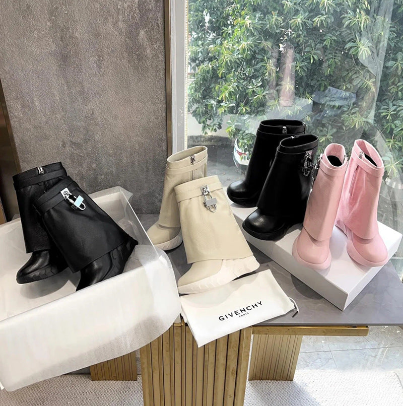 Women's Metal Lock Catch Thick Bottom Bootie Height Increasing Pants Boots