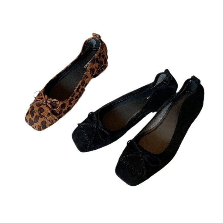 Temperament Square Toe Low-cut Bow Small Chunky Leopard Print Women's Shoes