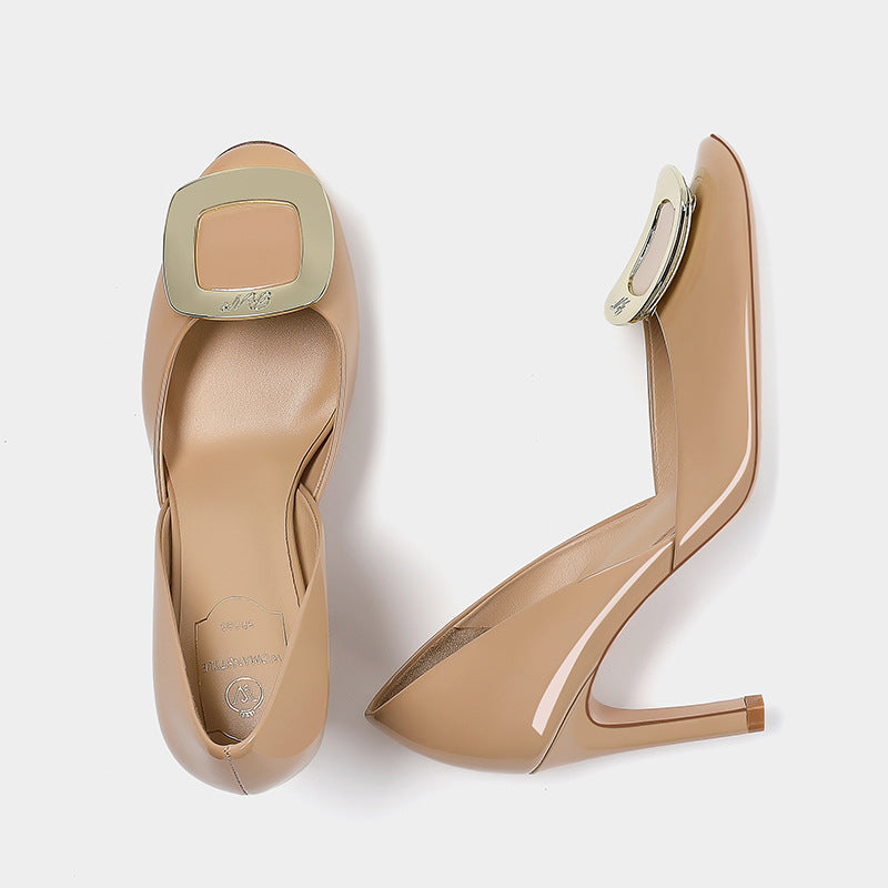 Women's Stiletto Elegant Hollowed Square Buckle White Chic Women's Fashion Shoes