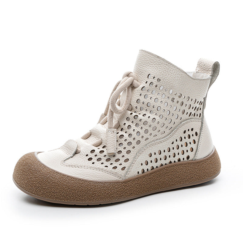 Women's Layer Cowhide Hollow Flat Soft Bottom Boots