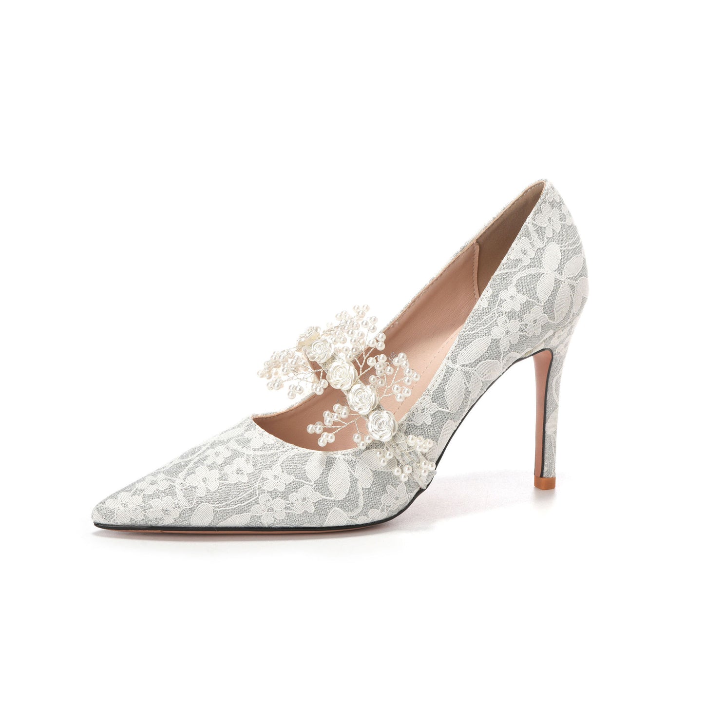 Satin French Lace Wedding Banquet Dress Stiletto High Women's Fashion Shoes
