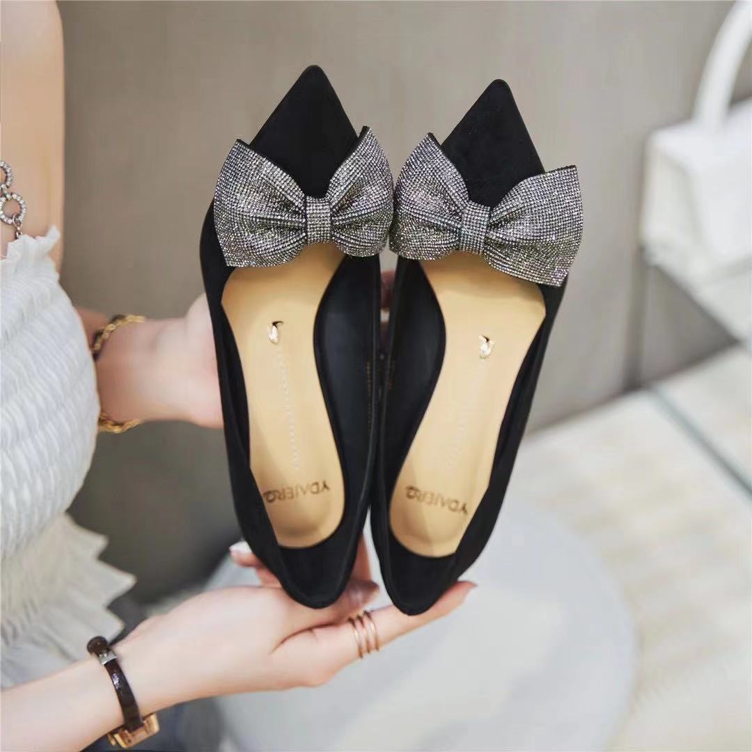 Women's High Pointed Stiletto Shallow Mouth Suede Rhinestones Bow Graceful Heels