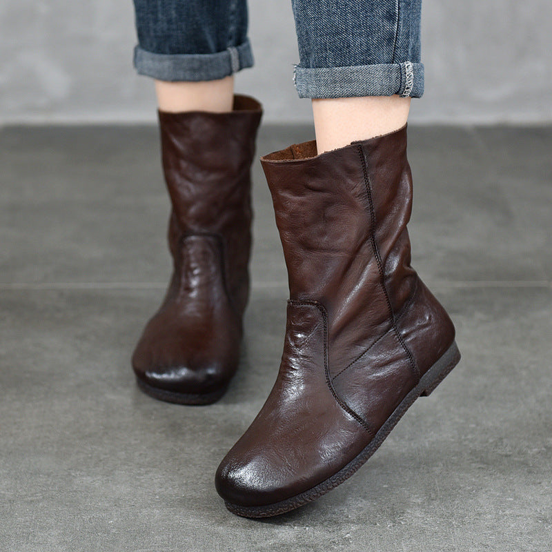 Women's Layer Cowhide Sleeve Middle Round Head Genuine Female Flat Boots