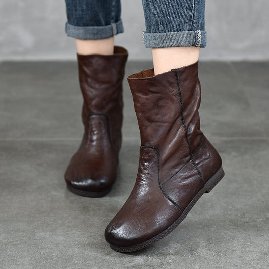 Women's Layer Cowhide Sleeve Middle Round Head Genuine Female Flat Boots