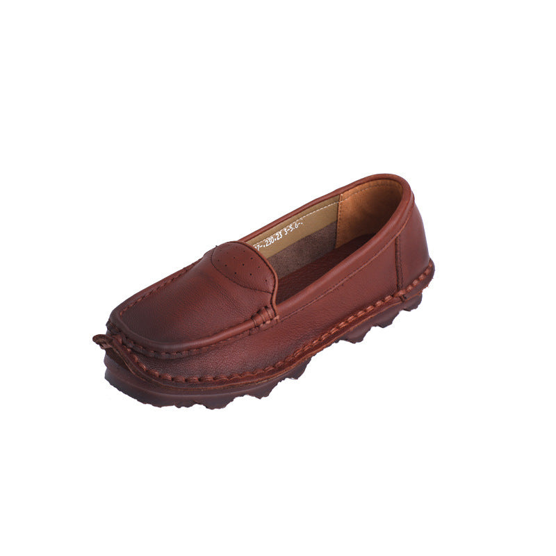 Women's Ethnic Style Vintage Cowhide Shallow Mouth Handmade Round Toe Slip-on Women's Casual Shoes