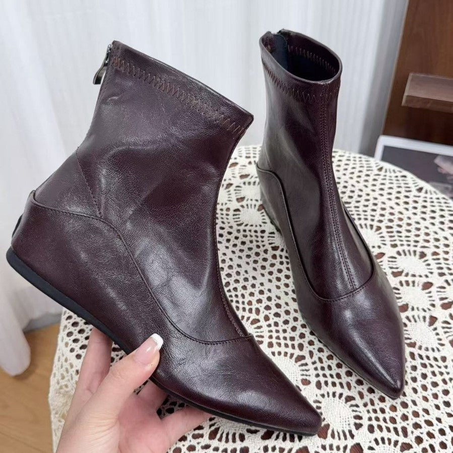 Increasing Insole Pointed Toe Knee-high Female Chelsea French Retro Skinny Women's Leather Boots