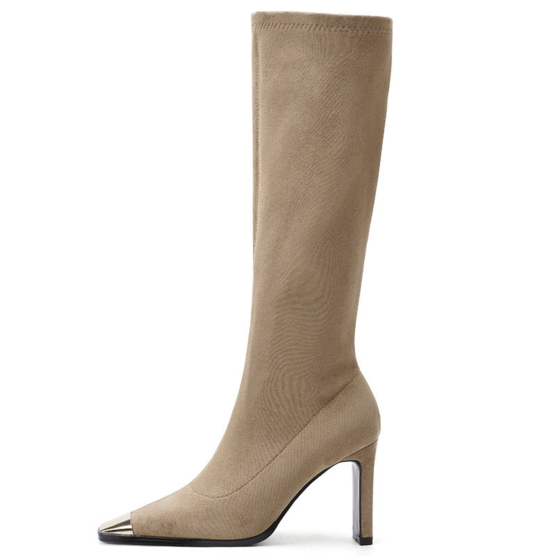 Metal Square Toe Stiletto High Leg Sexy Stretch Thin Women's Leather Boots