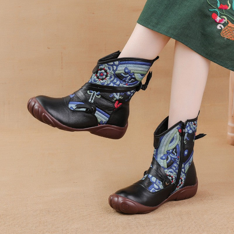 Women's First Layer Cowhide Outsole Winter Ethnic Print Fleece-lined Warm Women's Cotton Shoes