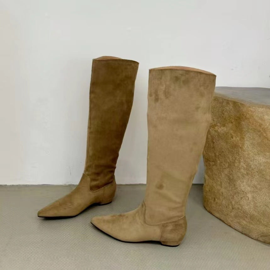Women's Retro Suede Thin Pile Style Tall Women's Leather Boots