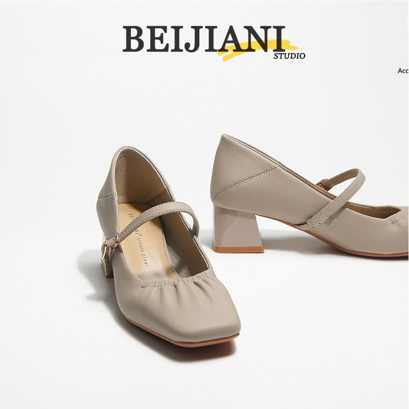 Women's Sheepskin Chunky Pumps Buckle Mary Jane Women's Fashion Shoes