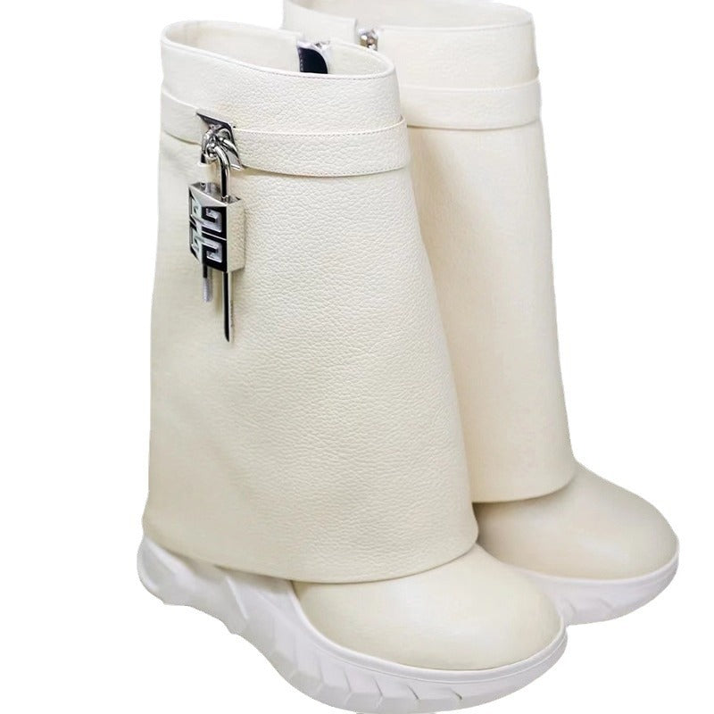 Women's Metal Lock Catch Thick Bottom Bootie Height Increasing Pants Boots