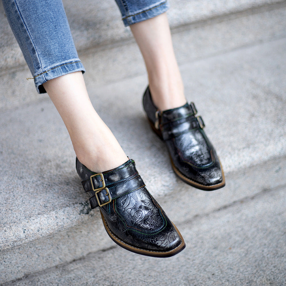 Women's Genuine Retro British Style Dark Flower Women's Shoes