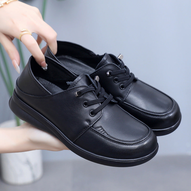 Women's Spring British Style Round Toe Flats Soft Cowhide Women's Shoes