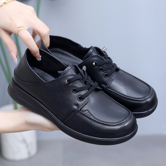 Women's Spring British Style Round Toe Flats Soft Cowhide Women's Shoes