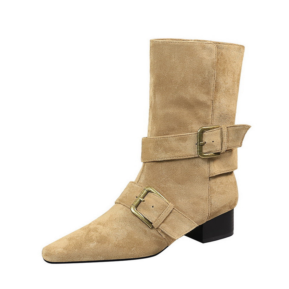 Women's Retro Style Western Knight Belt Buckle Chunky Square Women's Leather Boots