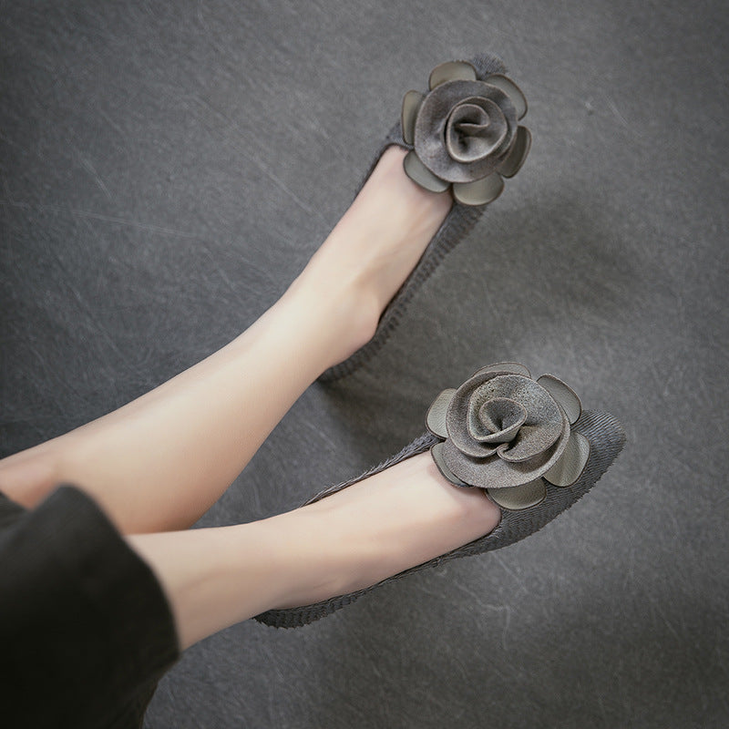 Layer Cowhide Flower Flat Pumps Slip-on Lofter Lightweight Comfortable Fashionable Women's Casual Shoes