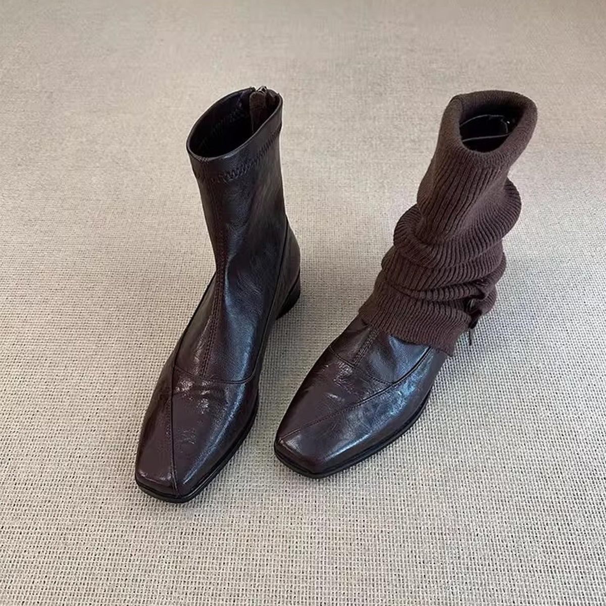 Women's Version Genuine Minimalist Commute Short Slimming Back Zipper Chunky Square Women's Leather Boots