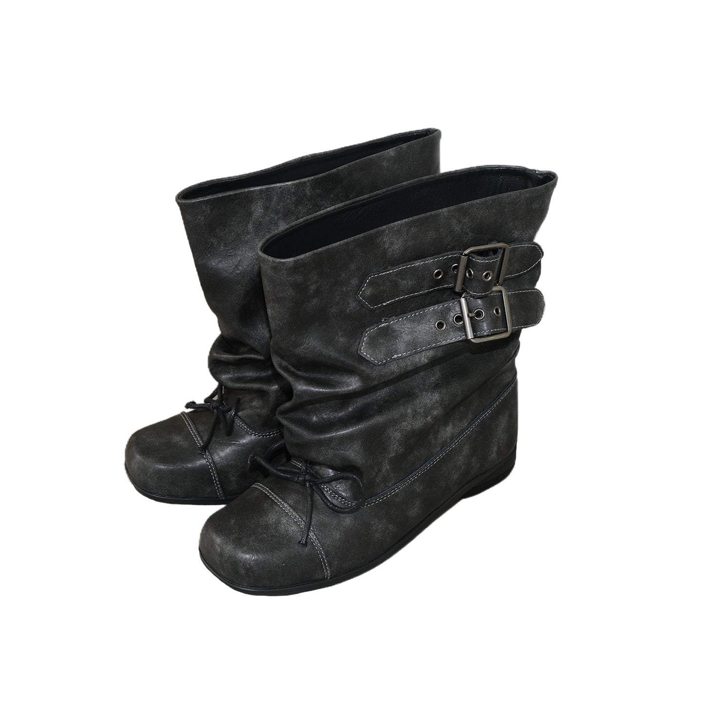 Women's Bow Booties Ballet Style Retro Distressed Short Pleated Black Women's Leather Boots