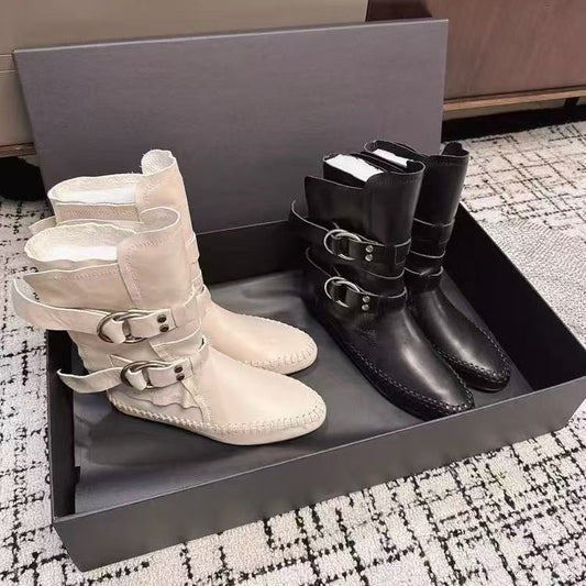 Women's Version Retro Round Toe Belt Buckle Fashion Short Flat Women's Leather Boots
