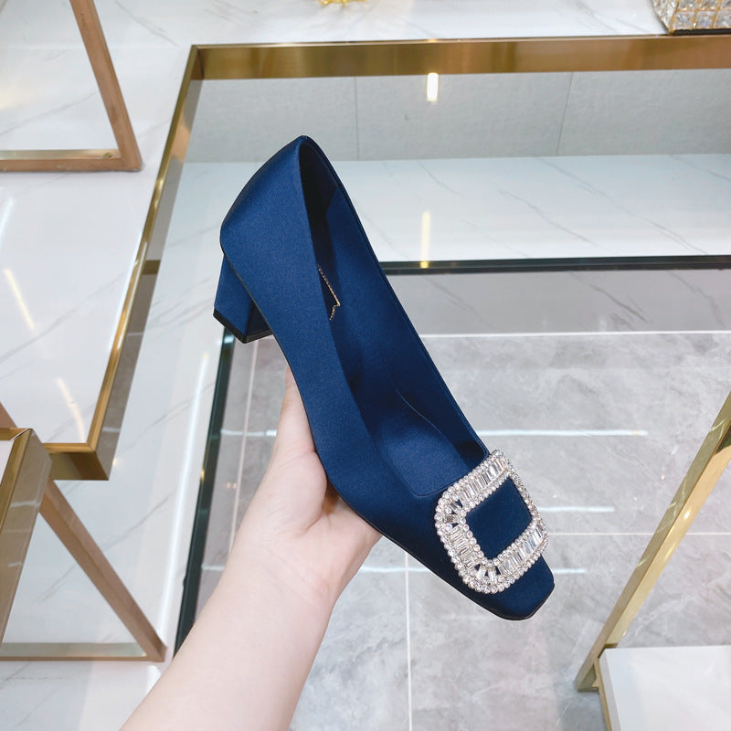 Women's Chunky Square Toe Rhinestone Versatile Single-layer Low-cut Women's Fashion Shoes