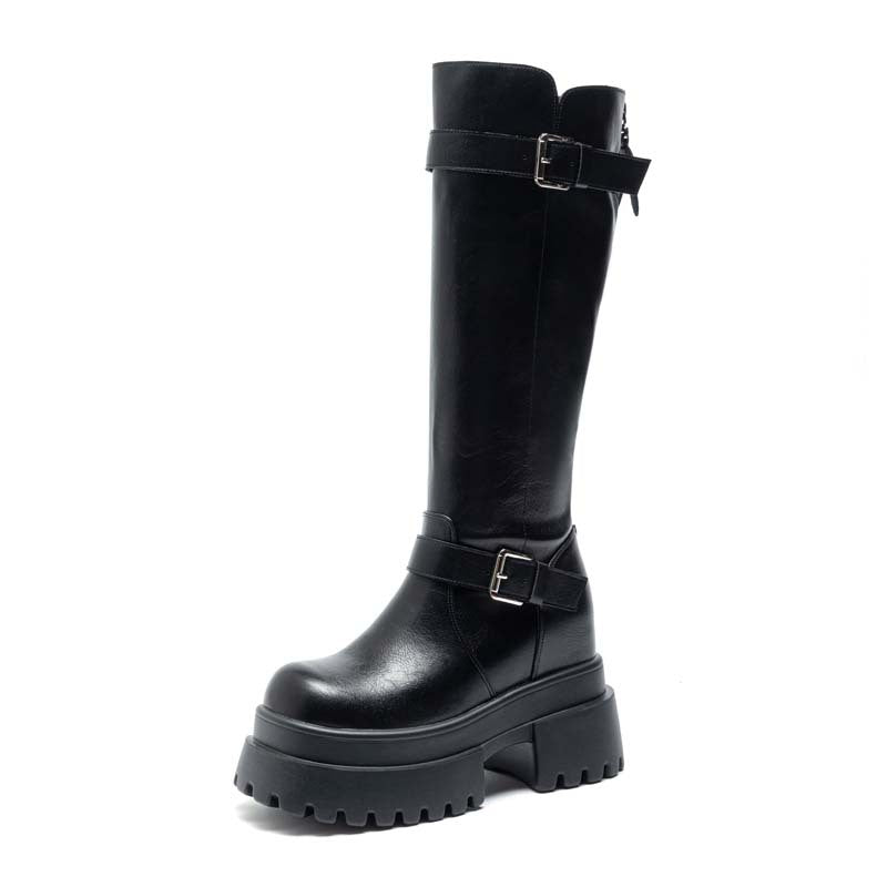Muffin Platform Thin Slim Fit Tall Knight Height Increasing Insole Women's Leather Boots