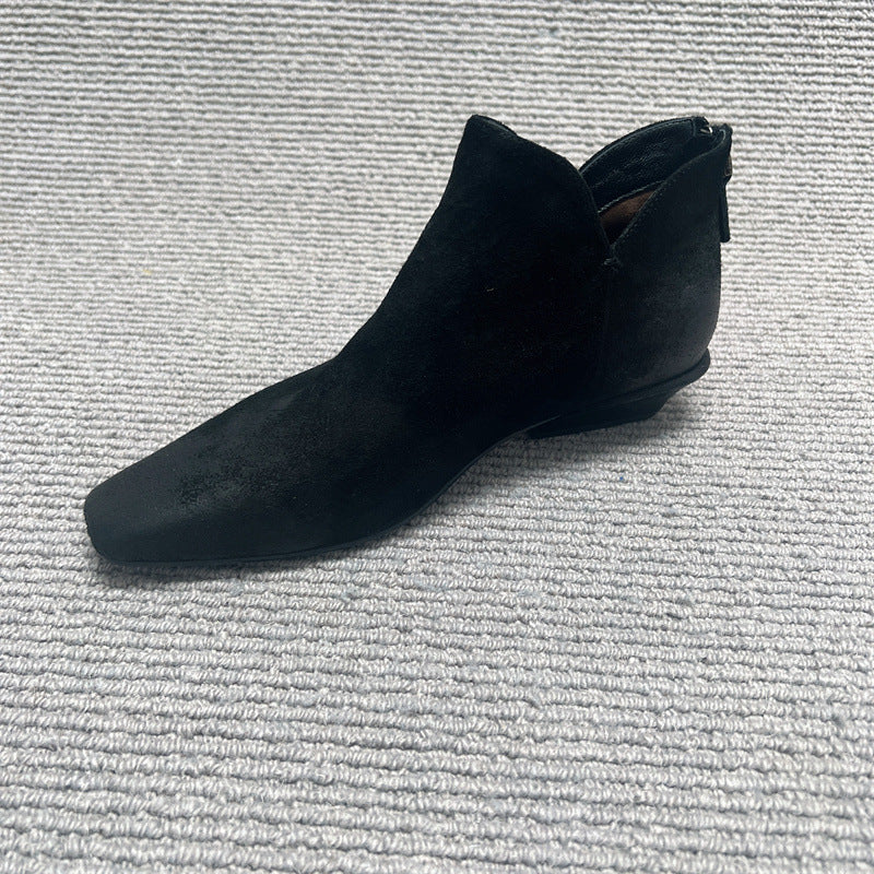 Square Toe Matte Retro Booties Niche Brushed Back Zipper Low Heels