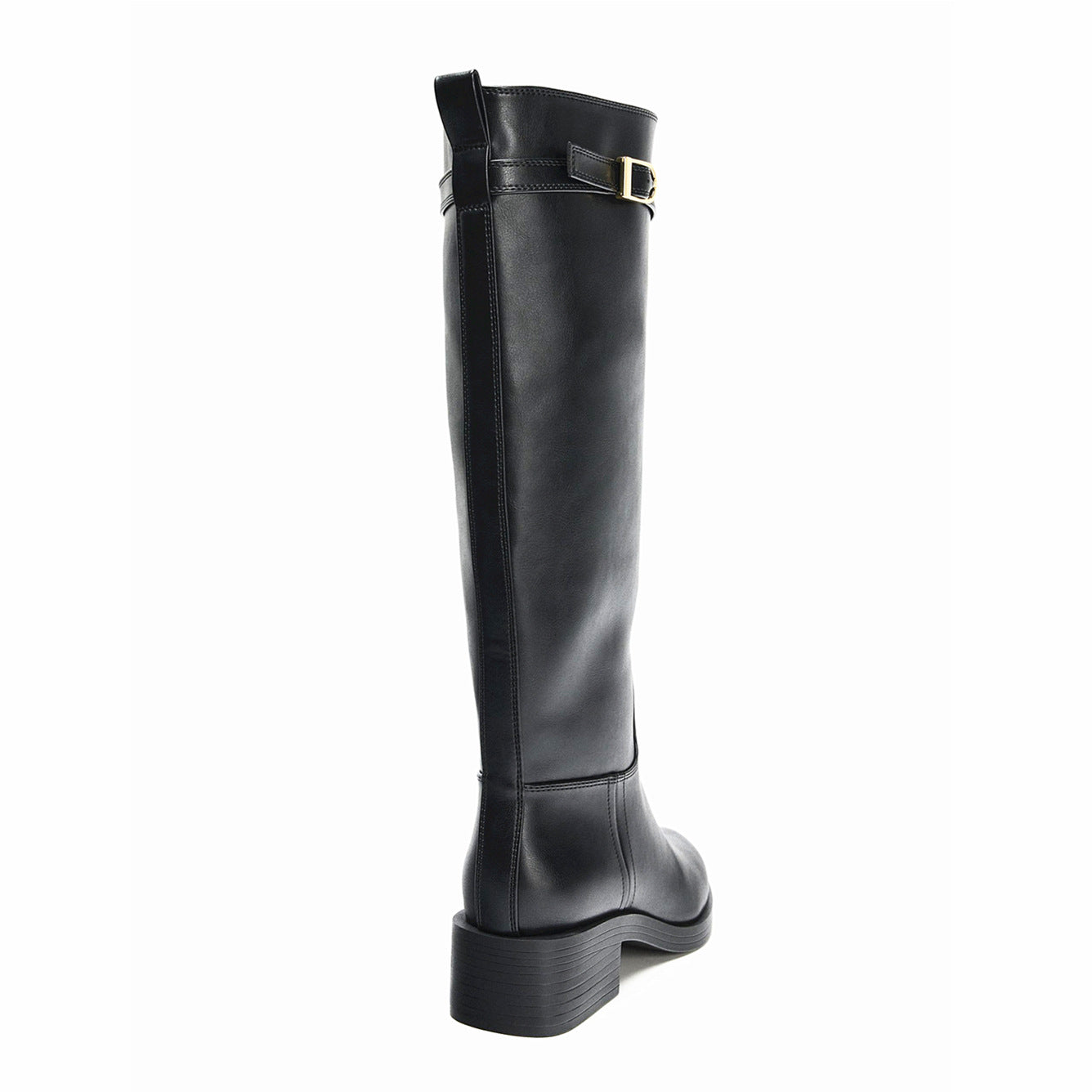 Women's Cowhide Knight Chunky Round Toe Buckle Women's Leather Boots