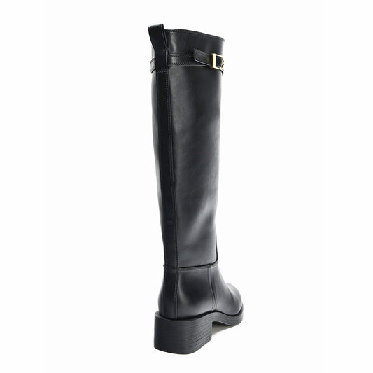 Women's Cowhide Knight Chunky Round Toe Buckle Women's Leather Boots