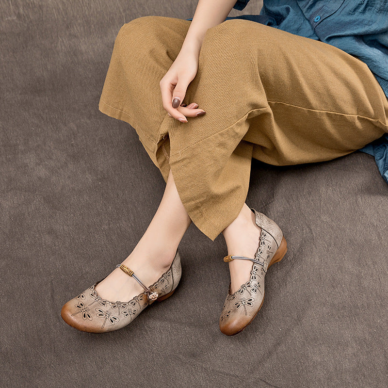 Women's Genuine First Layer Cowhide Low Round Toe Vintage Mouth Pumps Women's Casual Shoes