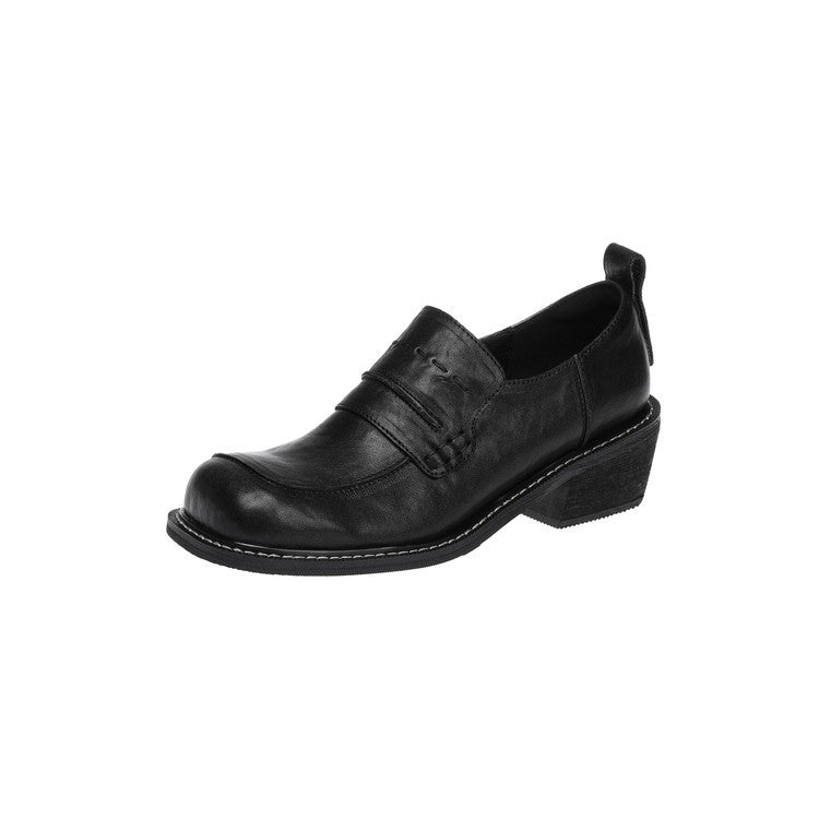 Women's Spring Round Head Chunky Slip-on Cowhide Women's Fashion Shoes