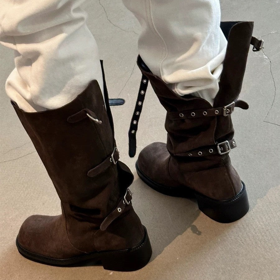 Women's Minority Belt Buckle Tall Knight Chunky Women's Leather Boots