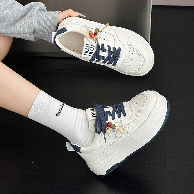 Women's Genuine Beaded Ugly Trendy White Autumn Sneakers