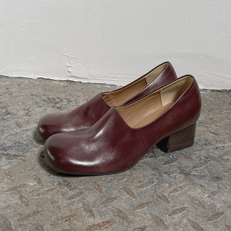 Women's Cowhide Thick Pumps Mid Round Head Brushed Medium-sized Women's Fashion Shoes