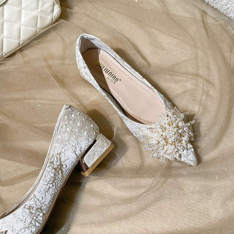 Women's Style Pumps Beautiful Fairy Pointed Toe Rhinestone French Mid Large Women's Fashion Shoes
