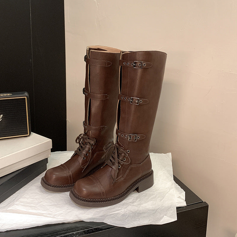 Belt Buckle Retro Chunky Tube Knight Boots