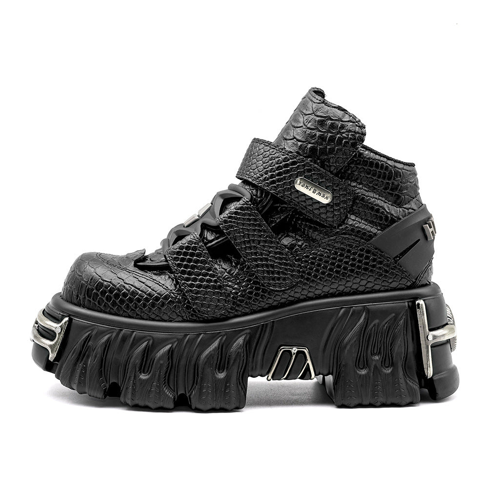 Women's Punk Height Increasing Muffin Tank Bottom Black Python Women's Leather Boots