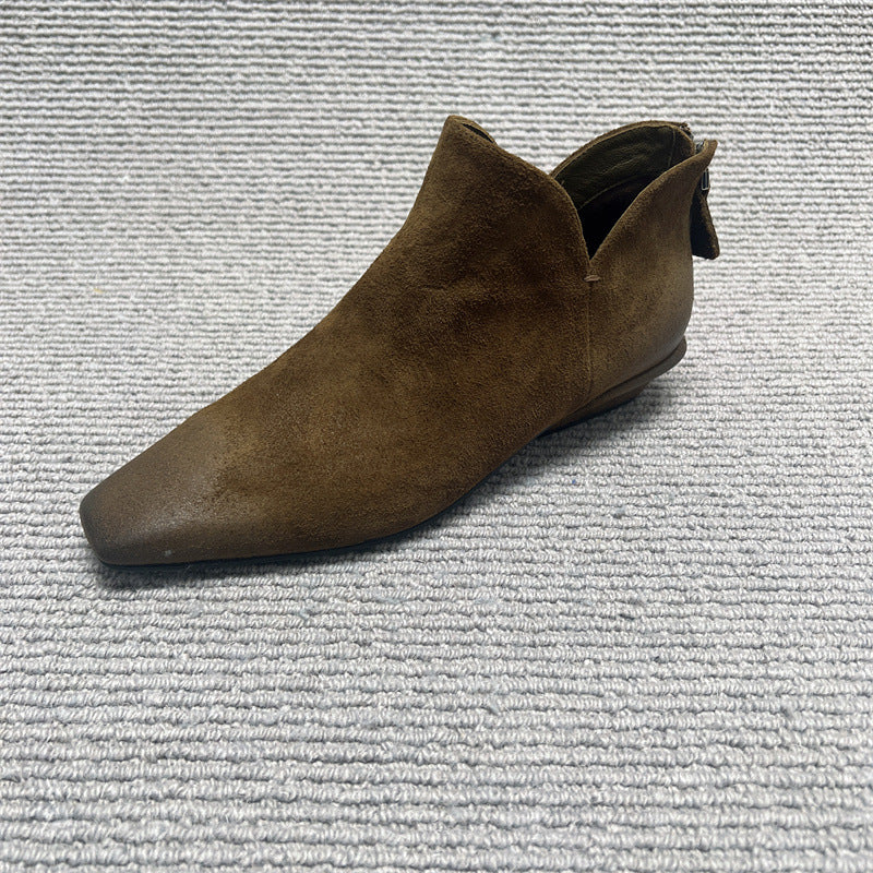 Square Toe Matte Retro Booties Niche Brushed Back Zipper Low Heels