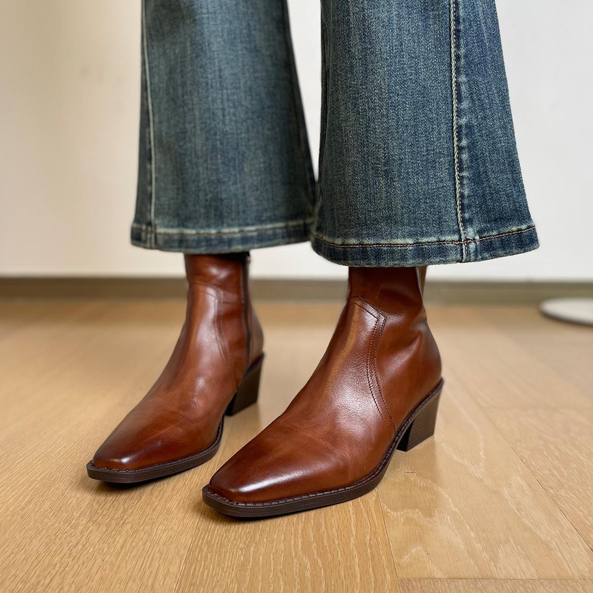 Women's Washed First Layer Cowhide Square Toe Short Chunky High Boots