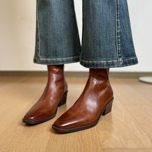 Women's Washed First Layer Cowhide Square Toe Short Chunky High Boots