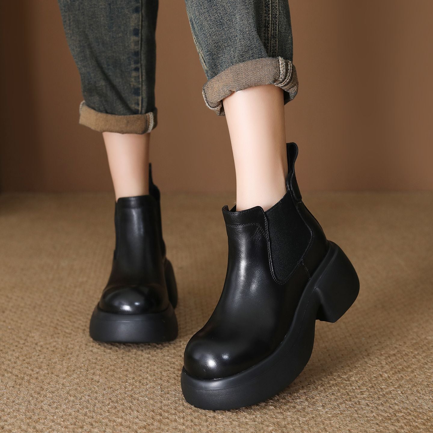 Women's Calfskin First Layer Cowhide Retro Ankle Martin White Chunky Smoke Women's Leather Boots