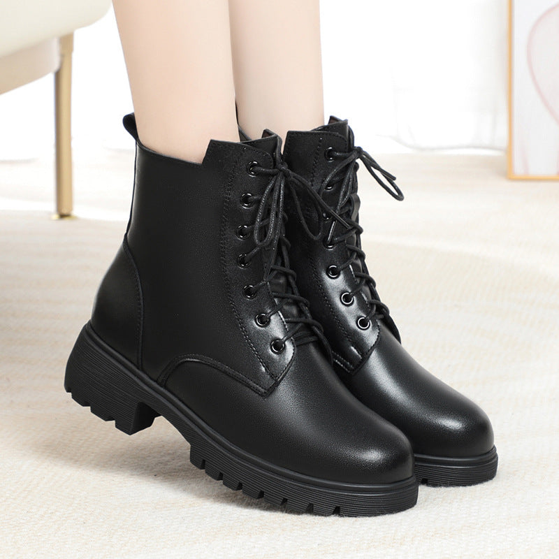 Women's With Fleece Lining Short Thick Bottom Martin Women's Leather Boots