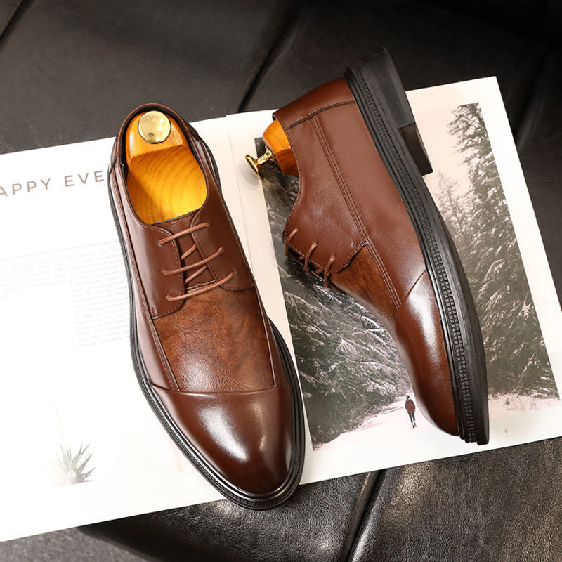 Men's Genuine Brown Lace Thick Bottom Pointed Toe Green Korean Leather Shoes