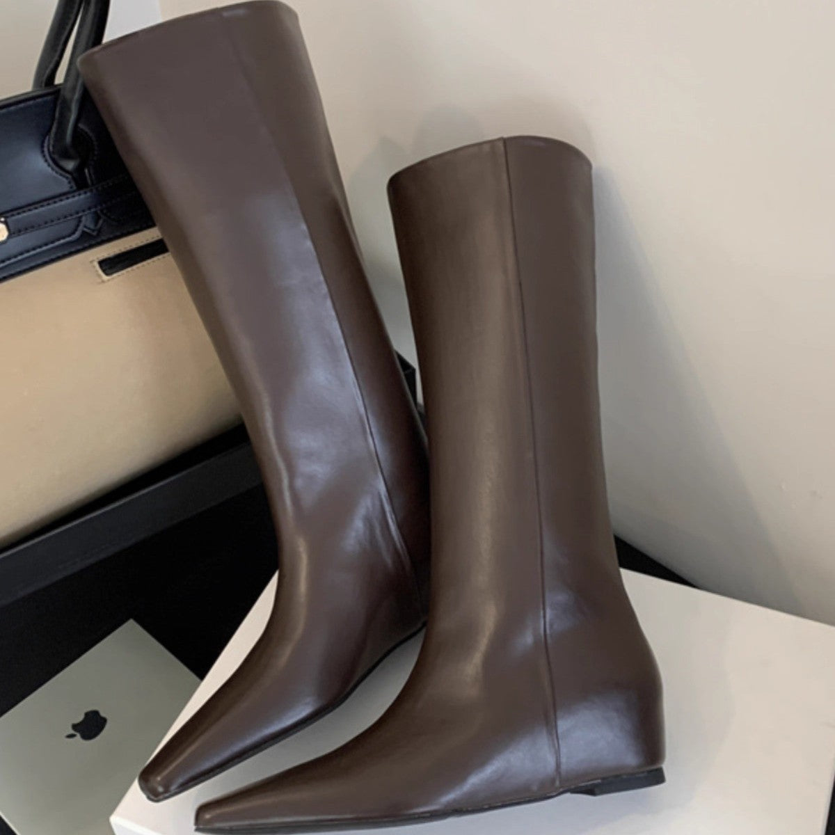 Women's Height Increasing Insole Pointed Brown Riding Long Women's Leather Boots