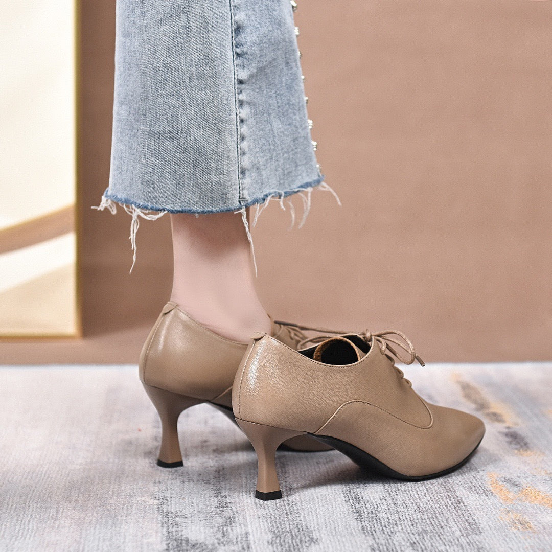 Women's Stiletto Pumps Deep Mouth Mid Lace High Apricot Women's Fashion Shoes