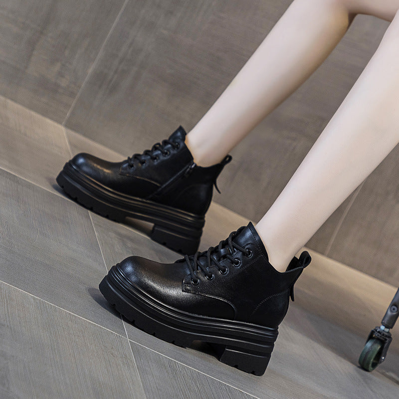 Women's Thick Bottom Increased Platform Lace Up Short Trendy Women's Leather Boots