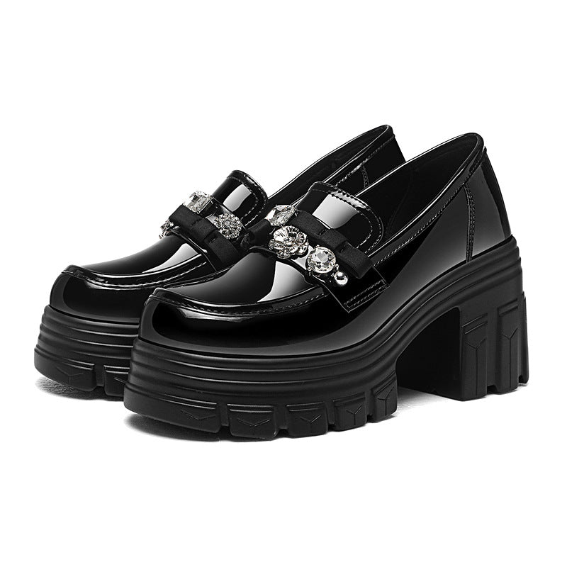 Women's Style Chunky Thick Bottom Early Spring Pumps Black Patent Heels