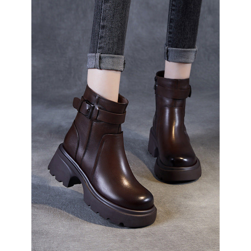 Women's Elevator Platform Chelsea Fleece-lined British Style Women's Leather Boots