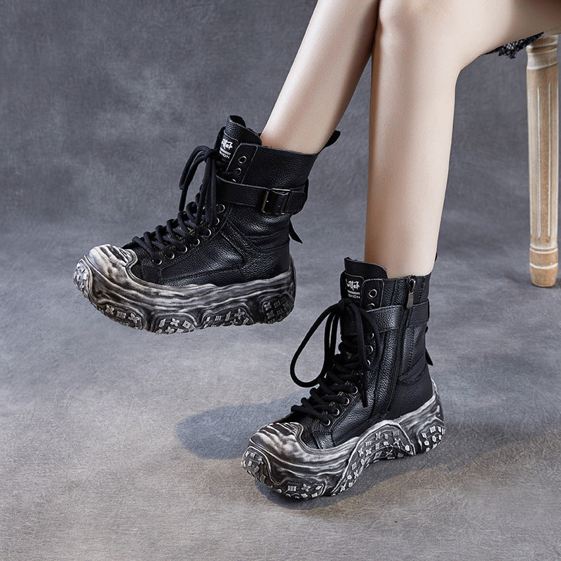 Women's First Layer Cowhide Platform Short Height Increasing Boots