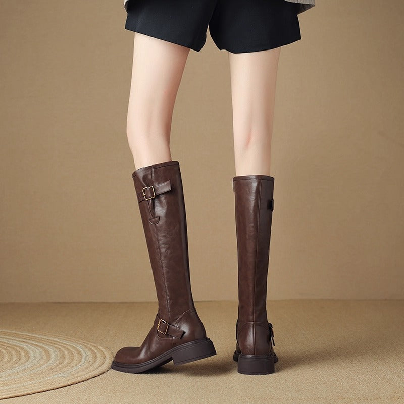 Women's Head Below The Knee Knight British Style Thick Mid Knee-high Women's Leather Boots